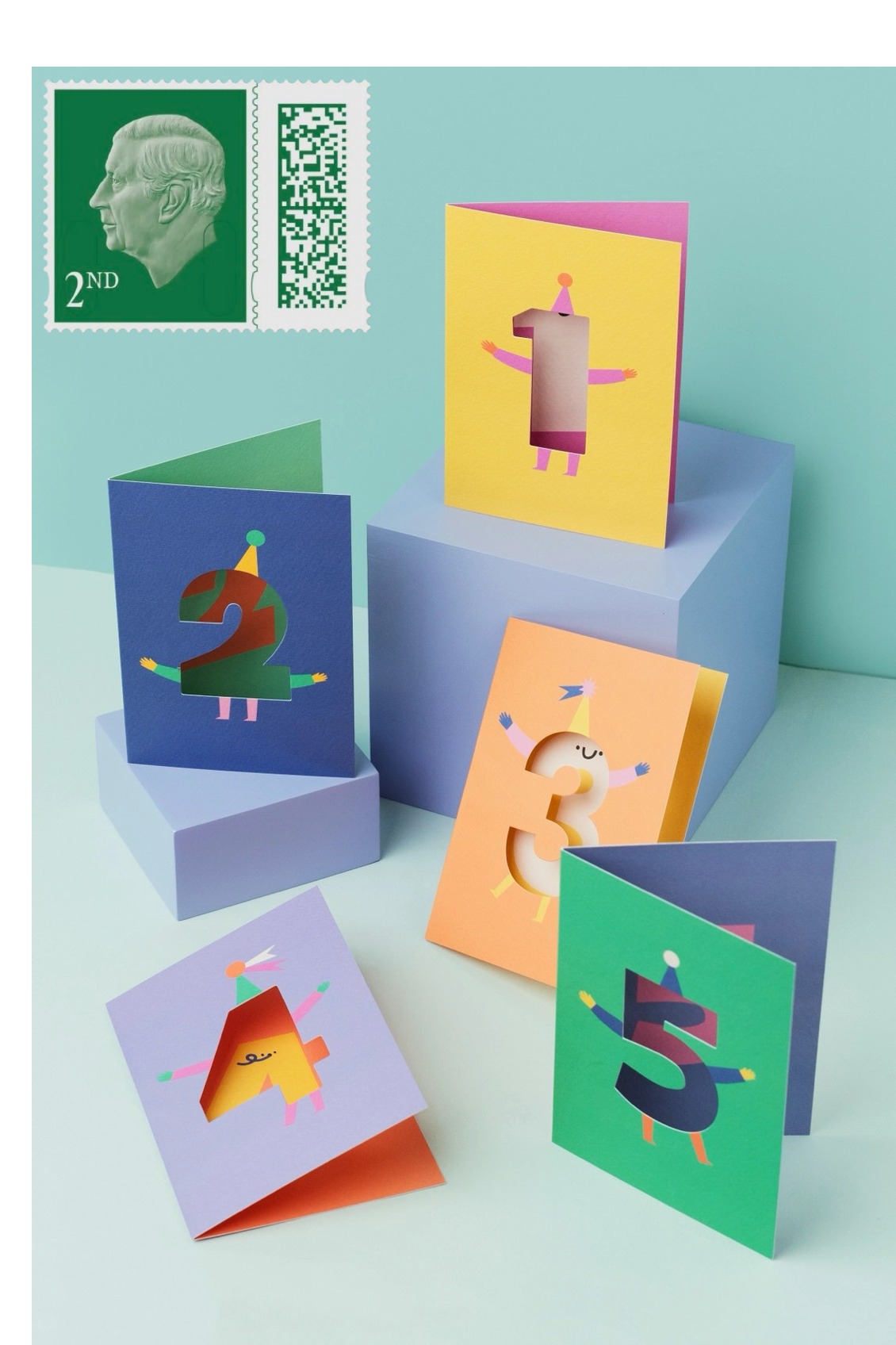 Children's cutout age birthday cards ages 1-5 with 2nd Class Stamps